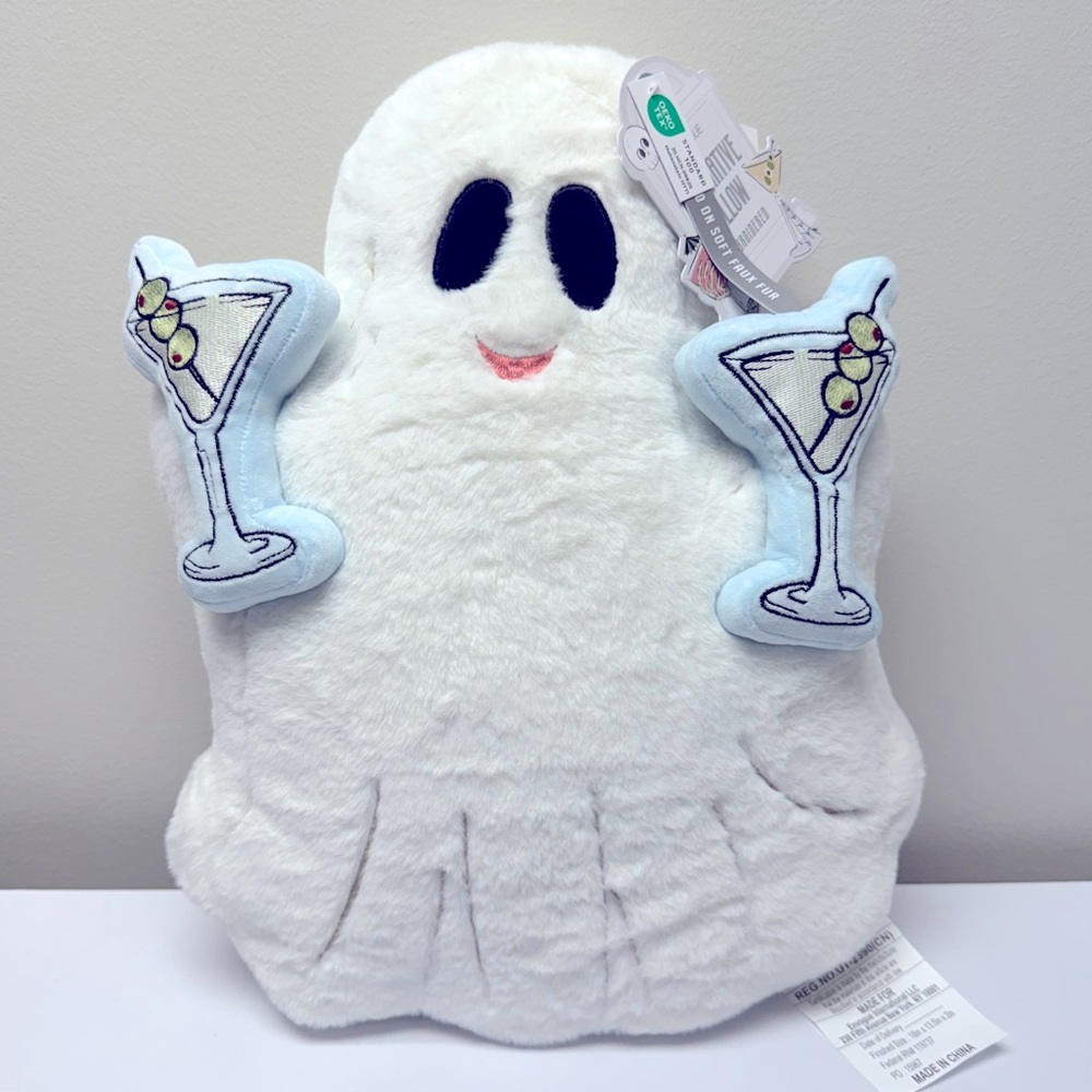 New! Large Plush Ghost Pillow with Embroidered Olive Martini Glasses